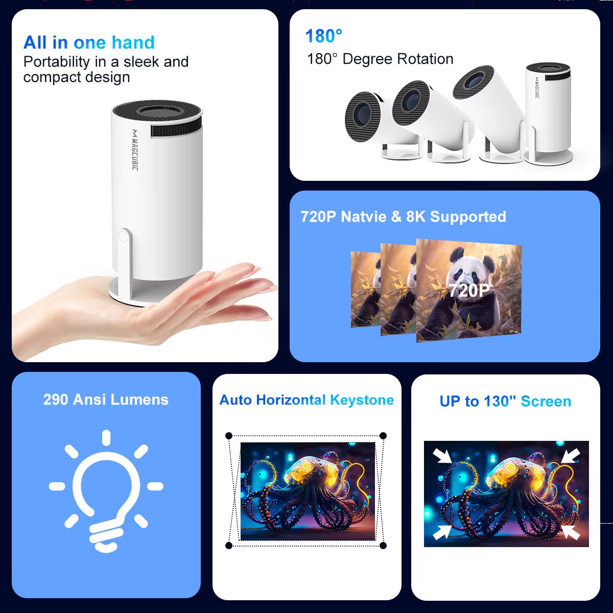 HY300 Pro 8K Projector with Android 14, Dual WiFi 6, 290 ANSI Lumens, Allwinner H726, Bluetooth 5.4, 1080P and 1280x720P for Home Cinema and Outdoor Use